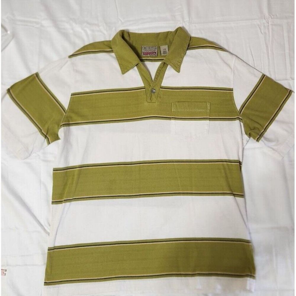 Quicksilver Polo Shirt Adult Large Green White Striped Logo Rugby Casual Mens